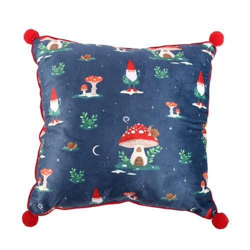 35cm Square Gnome Print Cushion with Pom Poms - Buy  at GiftMasters.co.uk