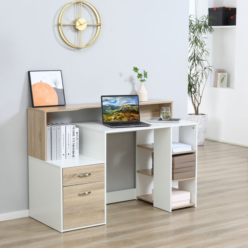 Modern Computer Desk with Drawers and Storage Shelves, Study Workstation, Writing Desk with Printer Stand for Home Office, Oak and White - Buy  at GiftMasters.co.uk